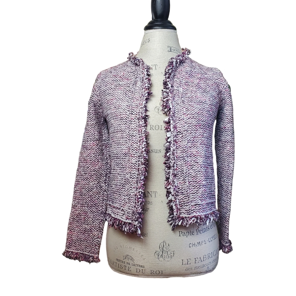 MASSIMO DUTTI | Purple Tweed Frayed Hem Open Italian Yarn Blazer (Size S) - Picture 14 of 14
